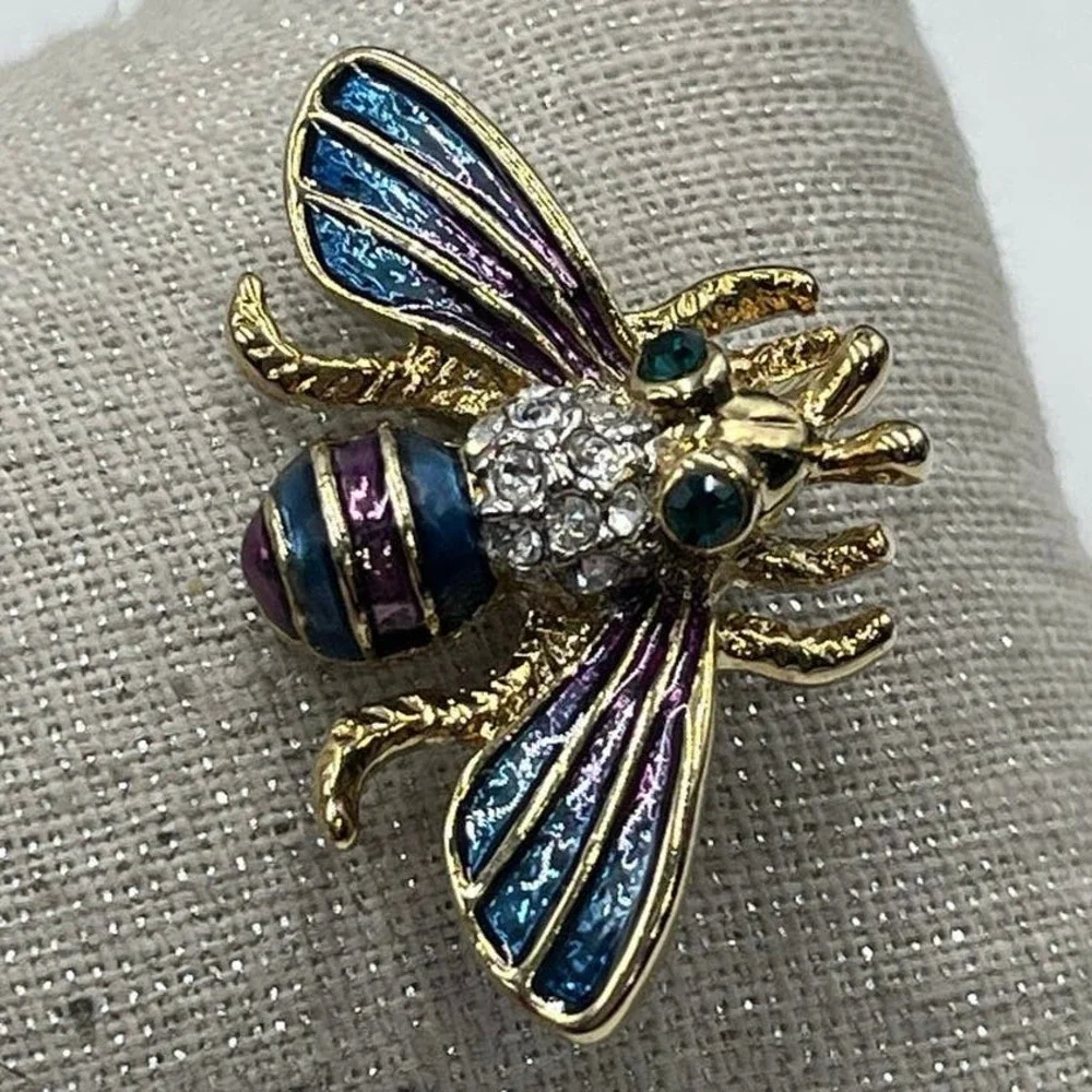 Bumble Bee Multicolor‎ Blue Purple Enamel Gold Tone Brooch